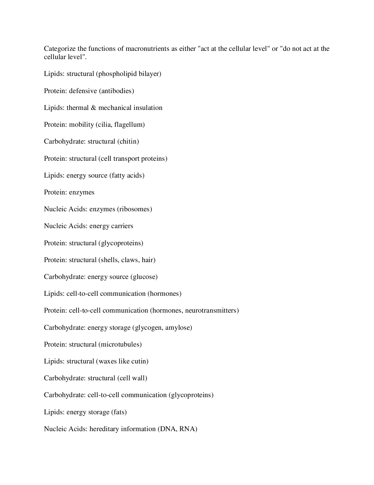 Preview image for Categorize the functions of macronutrients